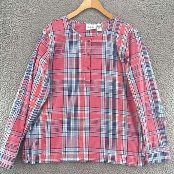 Vermont Country Store Top Womens Medium Pink Plaid 1/4 Button Front Long Sleeve - Picture 1 of 10